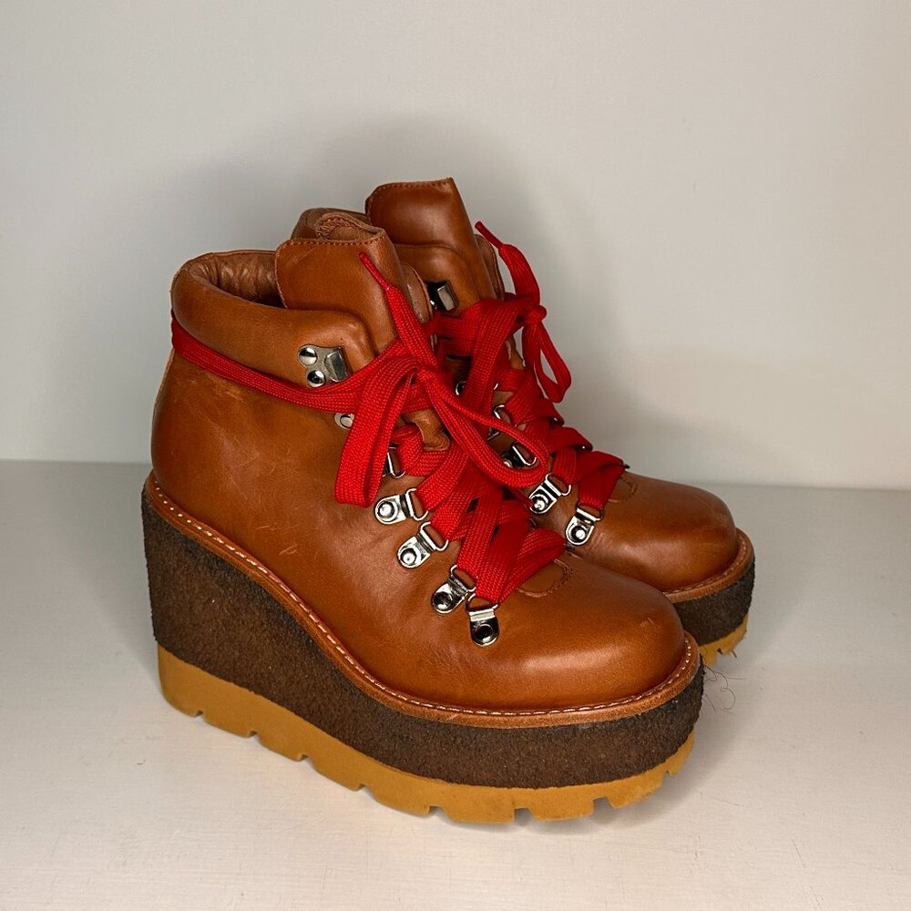 Jeffrey Campbell Explore Brown Leather Wedge Heel Boots Women Size 7 M